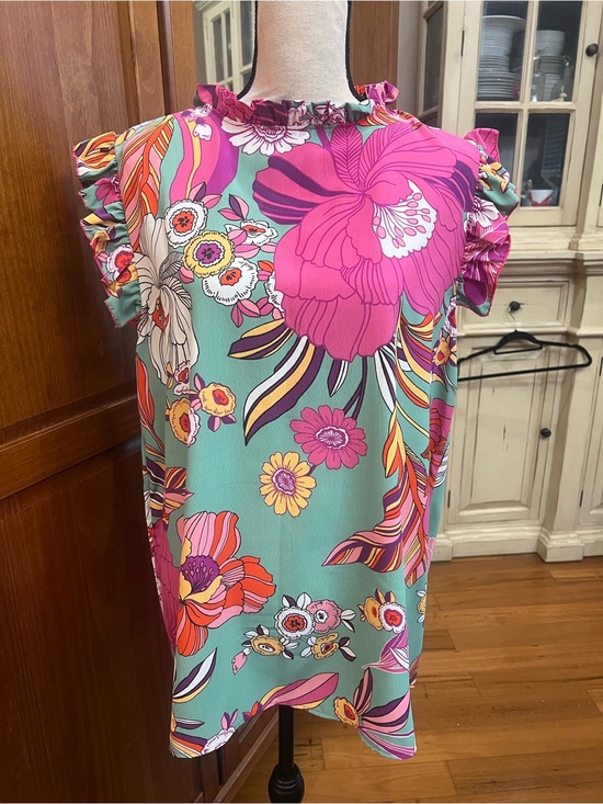 Lovely Melody Tops - Lovely Melody Teal Floral Ruffle Sleeve Blouse with Pink Accents